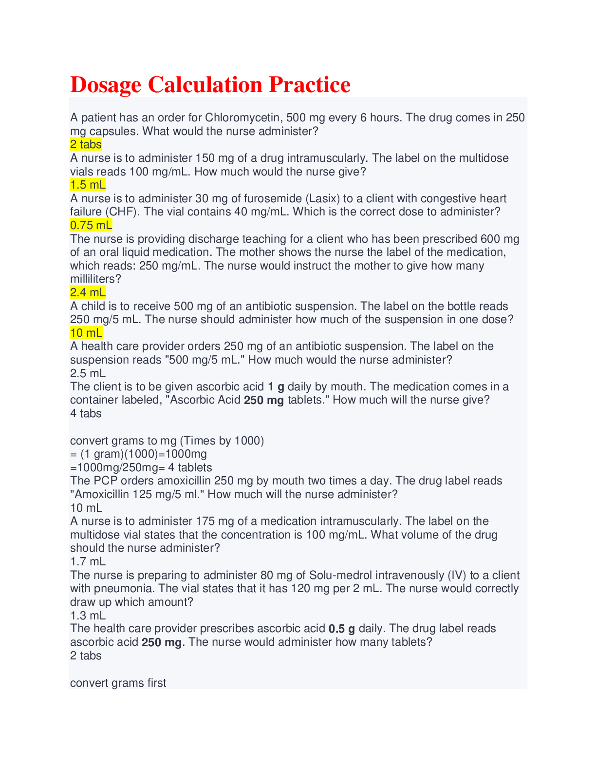 Preview of Dosage Calculation Practice Questions and Correct Answers/RATED A+